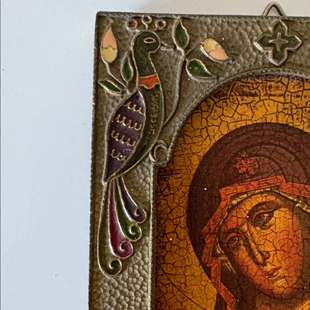 Icon of the Virgin Mary, Mother of God in Metal Cloisonné Peacock Enamel Frame - Picture 5 of 8